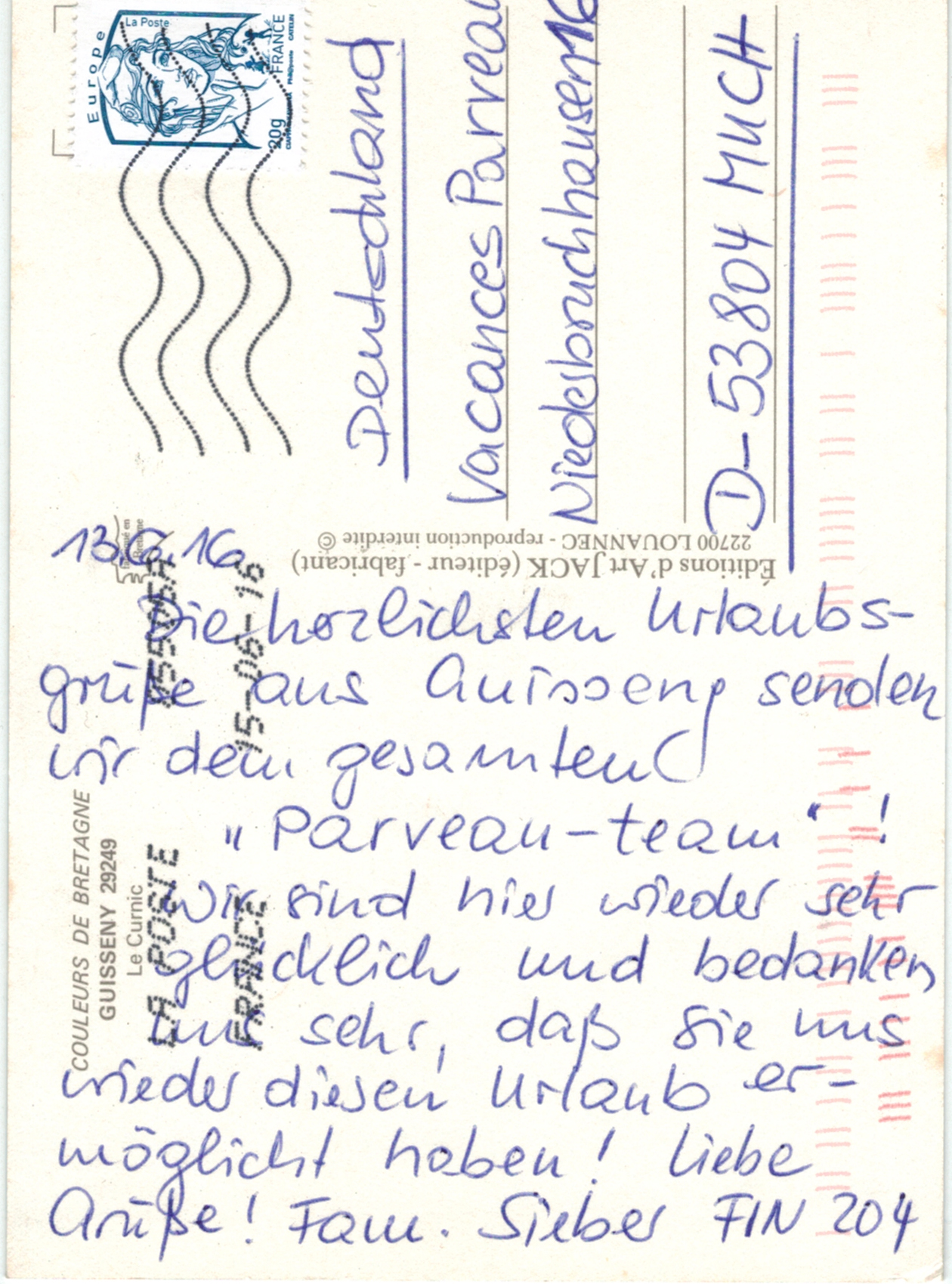 Bretagne Ferienhaus, Bewertung-Postkarte